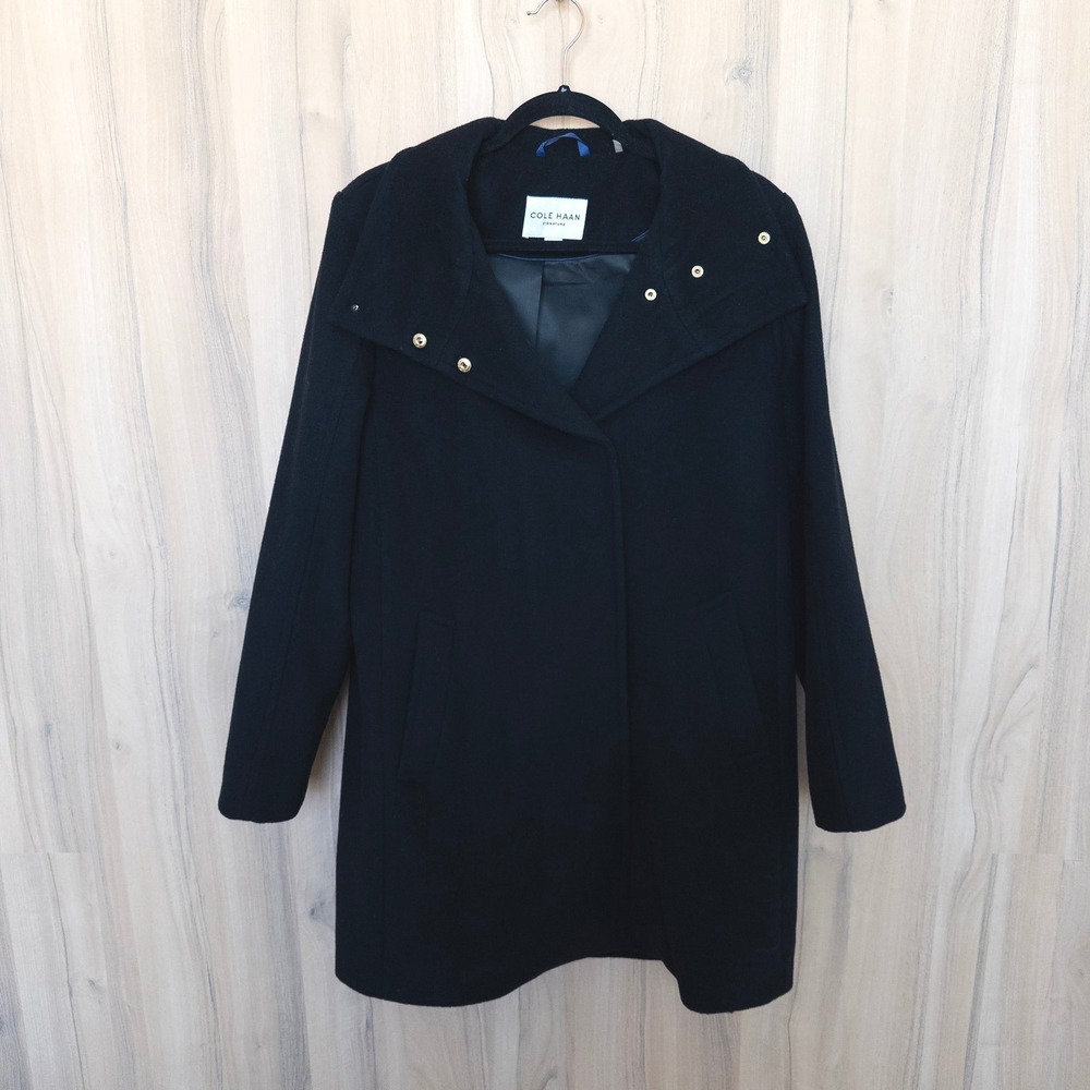 Cole Haan Womens Wool Trench Coat 12 Black Gold Snap Classic Quiet Luxury Office